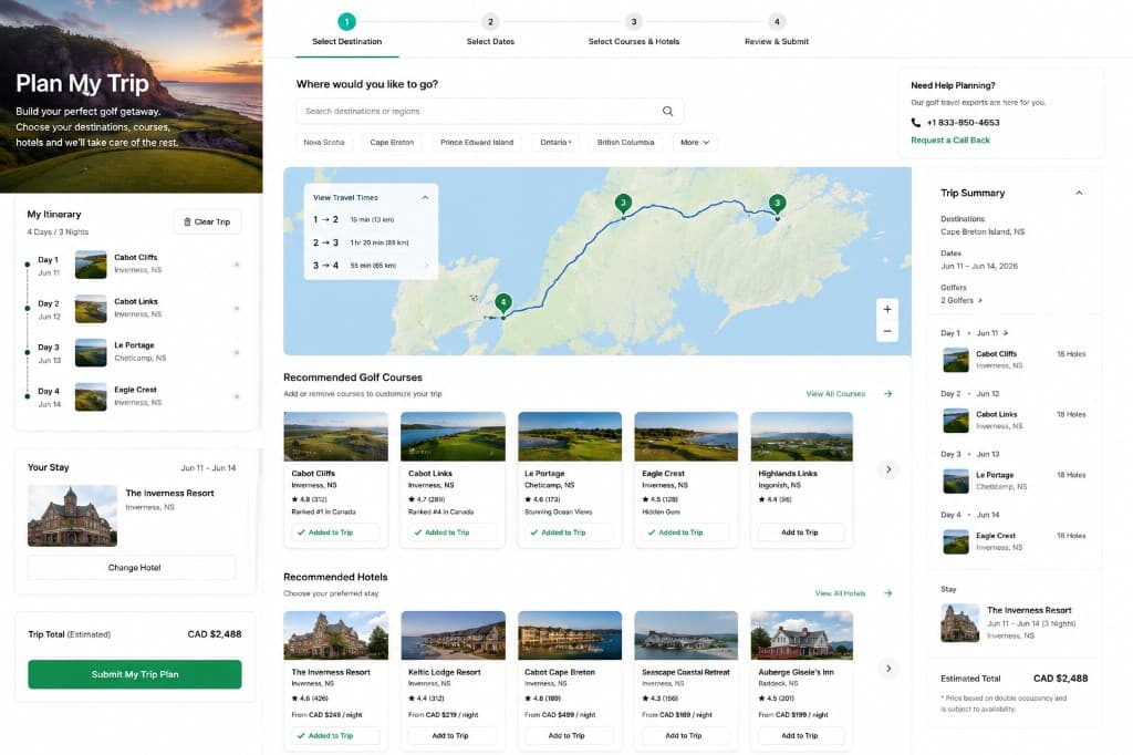 Plan My Trip — build your perfect golf getaway with destinations, courses, and hotels across North America